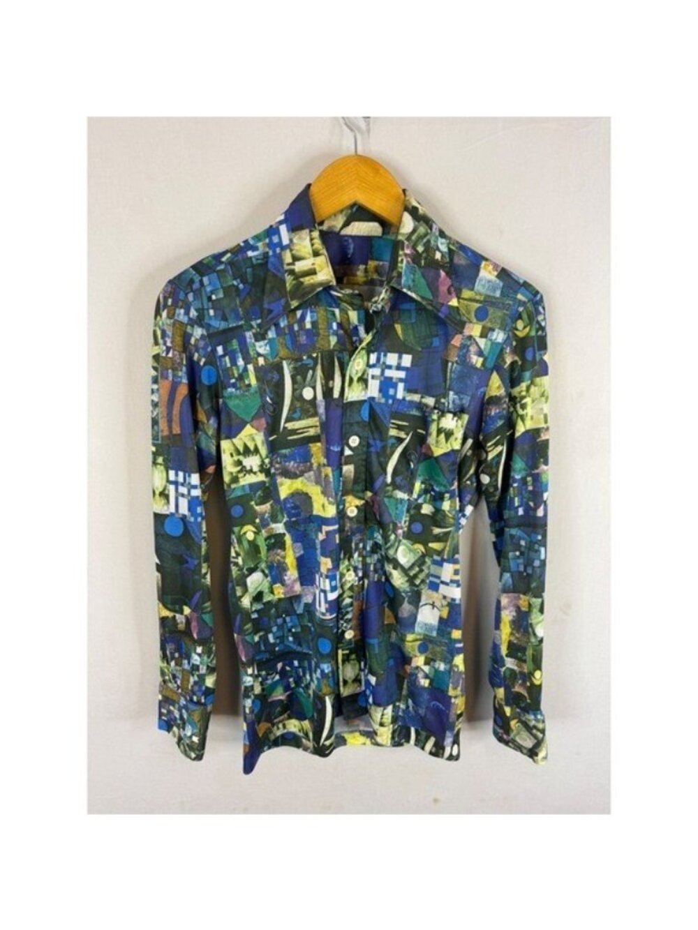 Vintage Vincent Slim Fit Abstract Geometric Print Disco Shirt Blue Green Mens S